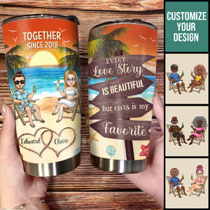 Every Love Story Is Beautiful - Personalized Tumbler- Gift For Couple, Beach, Summer Vacation