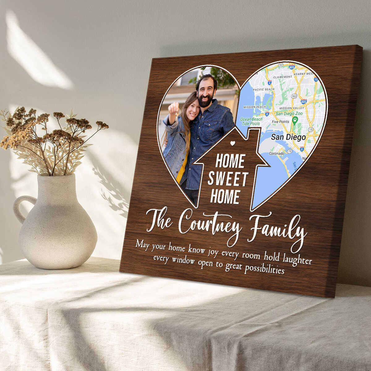 Personalized Housewarming Gifts, Home Sweet Home Gift, Custom Family Photo Canvas, Custom Map Print, Gift For Newlyweds