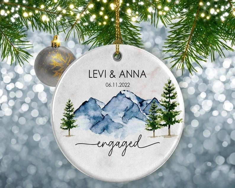 First Christmas Engaged, Personalized Ornament, Watercolor Mountain Ornament, Christmas Gift For Couple, Engagement Wedding Gifts