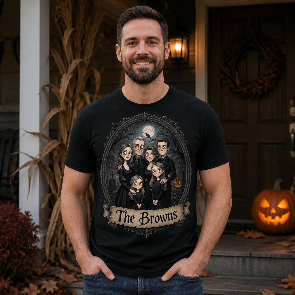 Custom Spooky Family Portrait Tee – Gothic Cartoon Style - Personalized T-shirt c0af5b30-a0f2-4861-9b04-54f18625b749.jpg