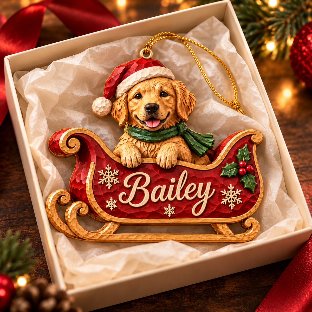 Personalized Dog Christmas Ornament – Custom Pet Photo & Name, 3D Relief Santa Sleigh Ornament, Christmas Gift for Dog Lovers c0b072ee-833e-4b61-b162-b8a7c22a68b7-Bailey-sleigh-ornament-in-festive-gift-box-3.png