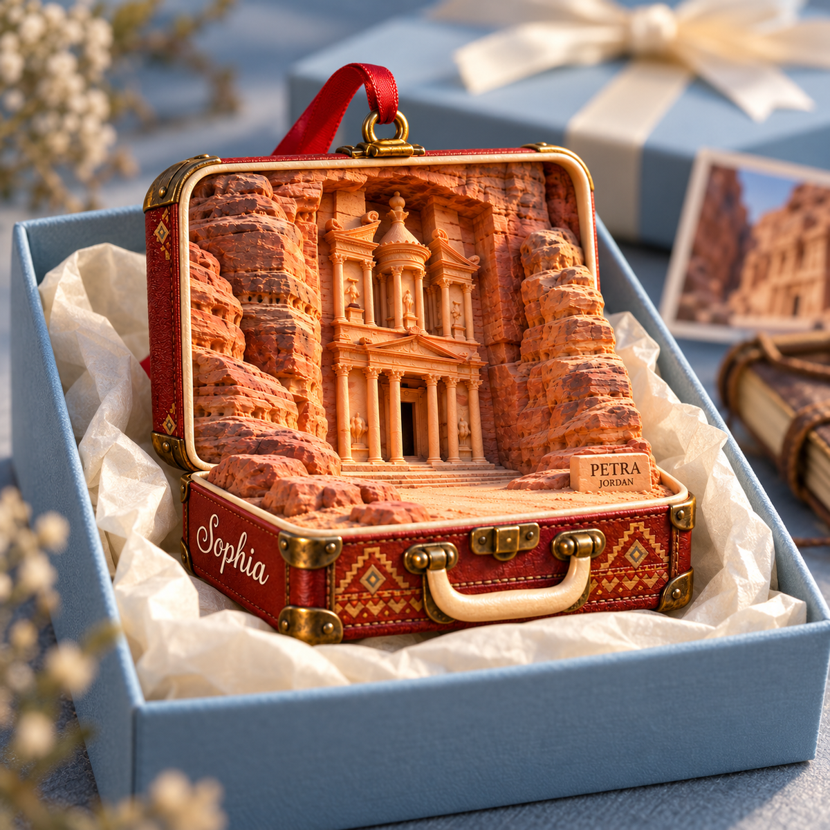 Personalized Petra Jordan 3D Suitcase Christmas Ornament, Custom Name Travel Keepsake, Petra Treasury Vacation Souvenir Gift c0ddfc5f-bd27-4d96-b600-e5e43f4c6fa0-Petra-ornament-in-an-open-gift-box-4.png