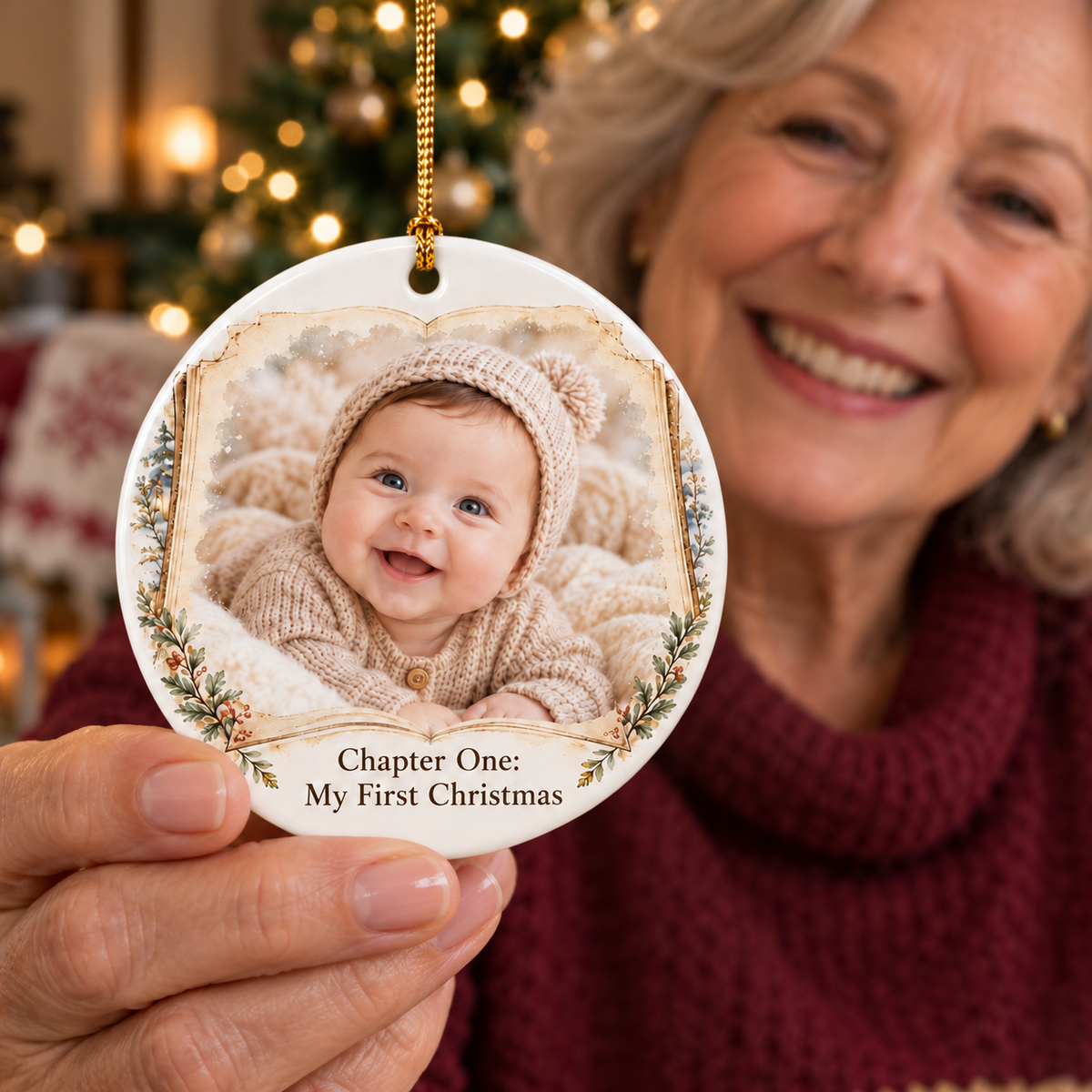 Personalized Baby’s First Christmas Photo Ornament 2026, Double-Sided Woodland Storybook, Custom Name Keepsake, Gift for New Parents c0e5c851-5352-4551-a8e7-cbf7acc6f0a0-Grandmother-holds-baby-s-first-Christmas-ornament-2.png