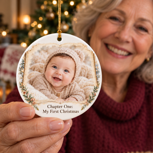 Personalized Baby’s First Christmas Photo Ornament 2026, Double-Sided Woodland Storybook, Custom Name Keepsake, Gift for New Parents c0e5c851-5352-4551-a8e7-cbf7acc6f0a0-Grandmother-holds-baby-s-first-Christmas-ornament-2.png