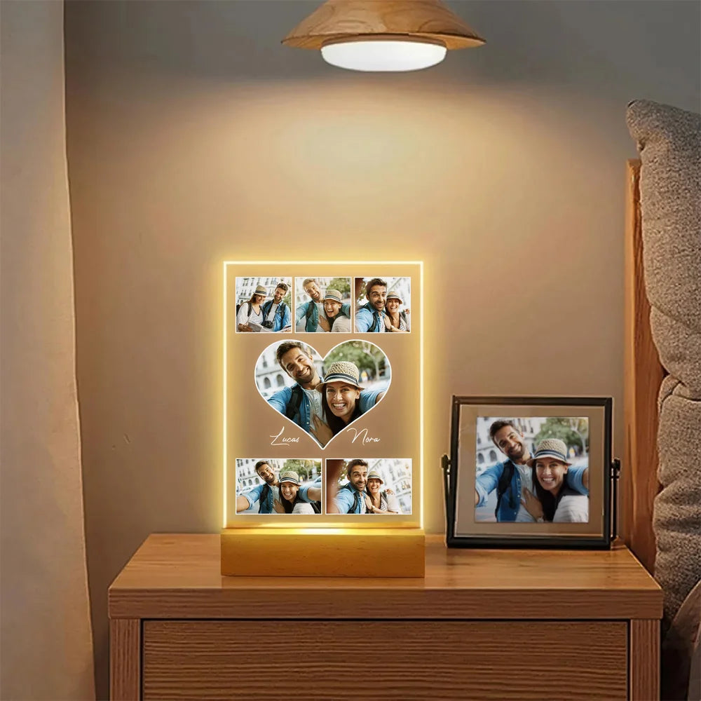 Personalised Heart 5-9 Photos Acrylic LED Night Light with Name and Wooden Base Home Decor Valentine's Day Anniversary Gift for Couple