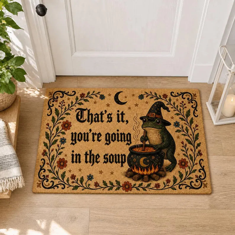 Printed Halloween Fabric Doormat with Witch Frog, Cauldron and Soup Meme Quote c1250c39-a437-4857-b30a-cbcd09a88831-fgdf-fg-2-.webp