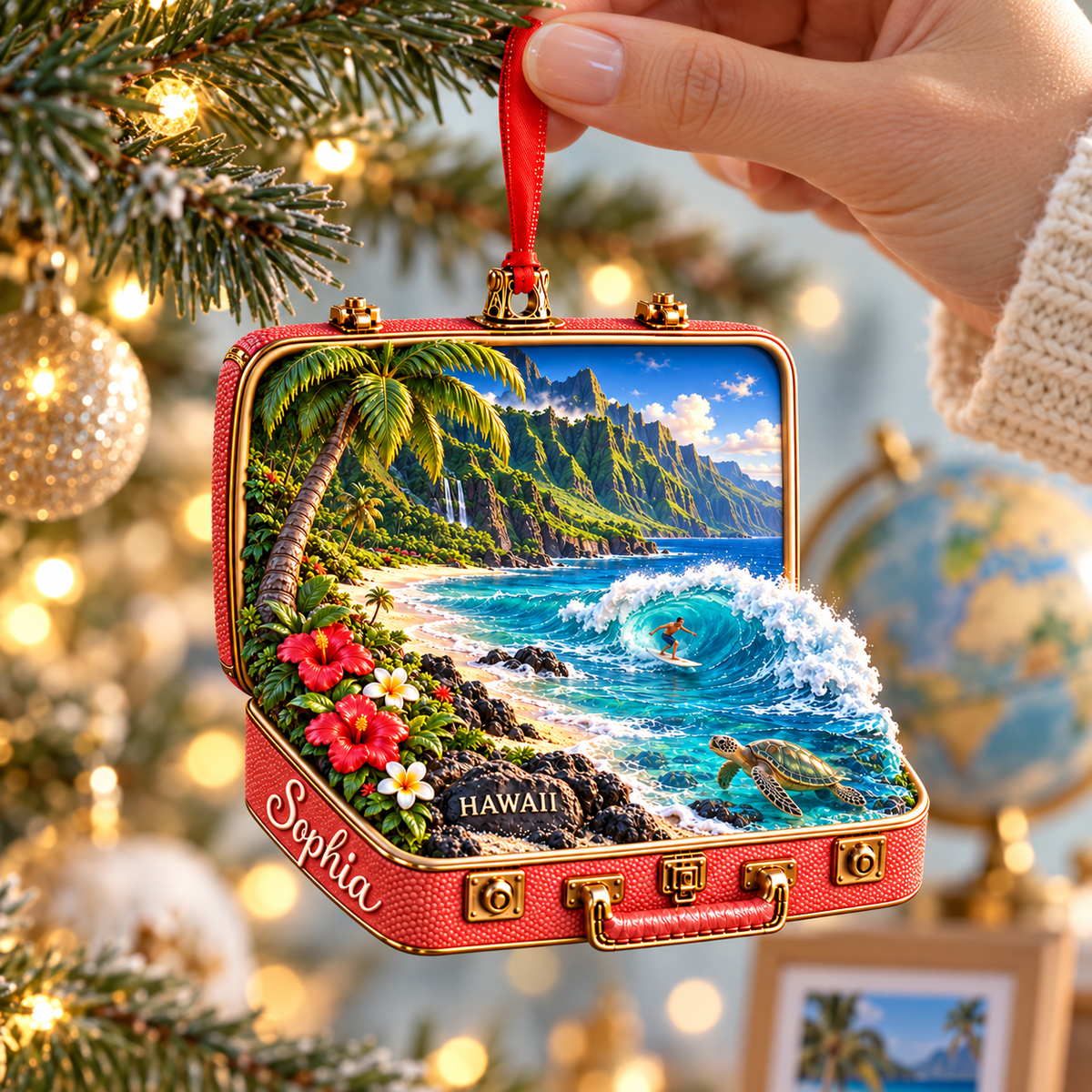 Personalized Hawaii 3D Suitcase Christmas Ornament – Tropical Travel Souvenir & Gift for Beach Lovers c1328f52-cb4e-407d-aa36-ef51621c3fa2-Hanging-Hawaii-suitcase-ornament-4.png