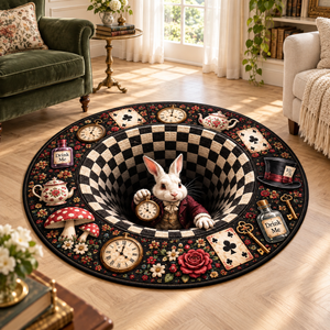 3D Rabbit Hole Optical Illusion Round Rug, Whimsical Bunny Tea Party Floor Mat, Checkered Vortex Carpet, Fantasy Wonderland Home Decor c17e7505-37f9-4766-82ab-e964de6d2f05-Th-m-th-Wonderland-trong-ph-ng-c.png