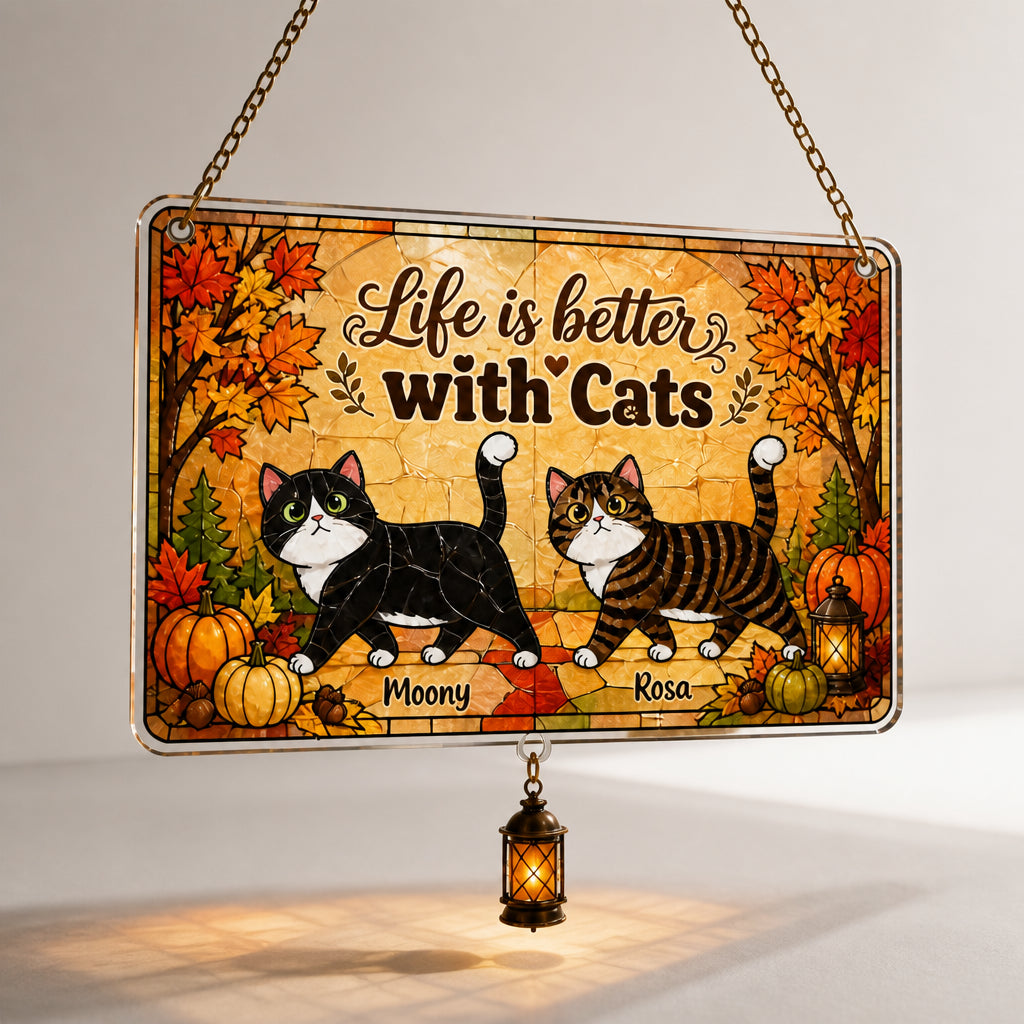 Life Is Better With Cats - Autumn Doormat (Upload 2 Pet Photos) - Personalized 1 Layered Suncatcher with Charm c17fe049-5d59-4566-93c1-55ae19a9a033.jpg