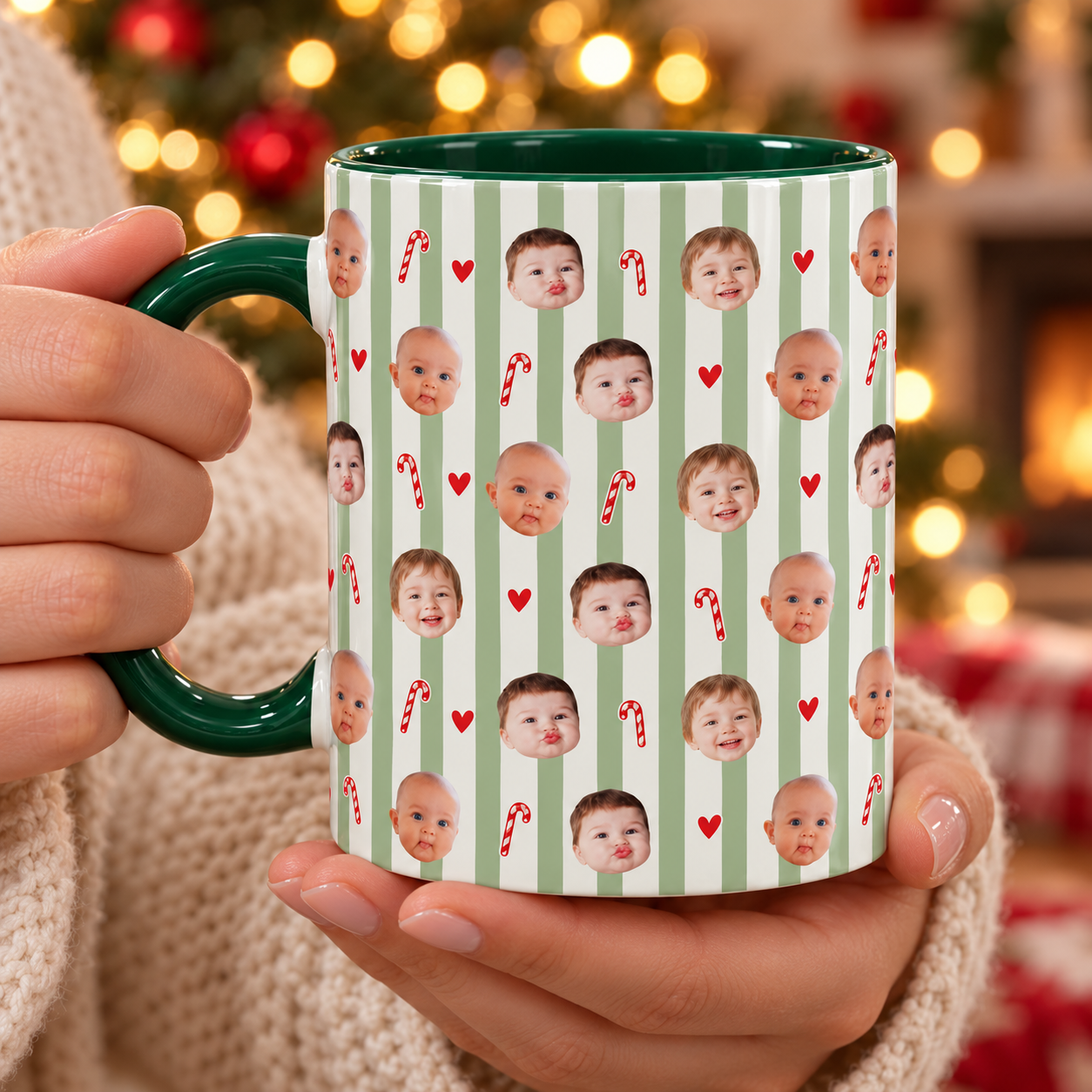 Personalized Christmas Photo Mug, Custom Baby Face Coffee Cup with Candy Canes and Stripes, Holiday Gift for Mom, Dad and Grandparents c19e1074-82a4-4a4e-86f8-70f266285ac8-Sage-green-Christmas-baby-photo-mug-4.png
