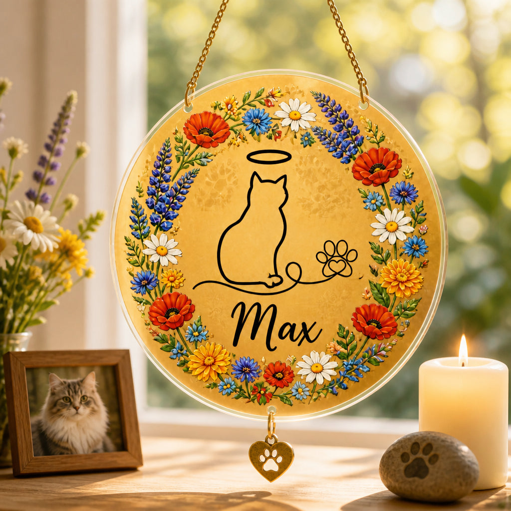 Angel Cat Memorial Floral Doormat (Personalized Name) - Personalized 1 Layered Suncatcher with Charm c1a800a1-c186-4d1c-8fad-5de1ca5da265.jpg