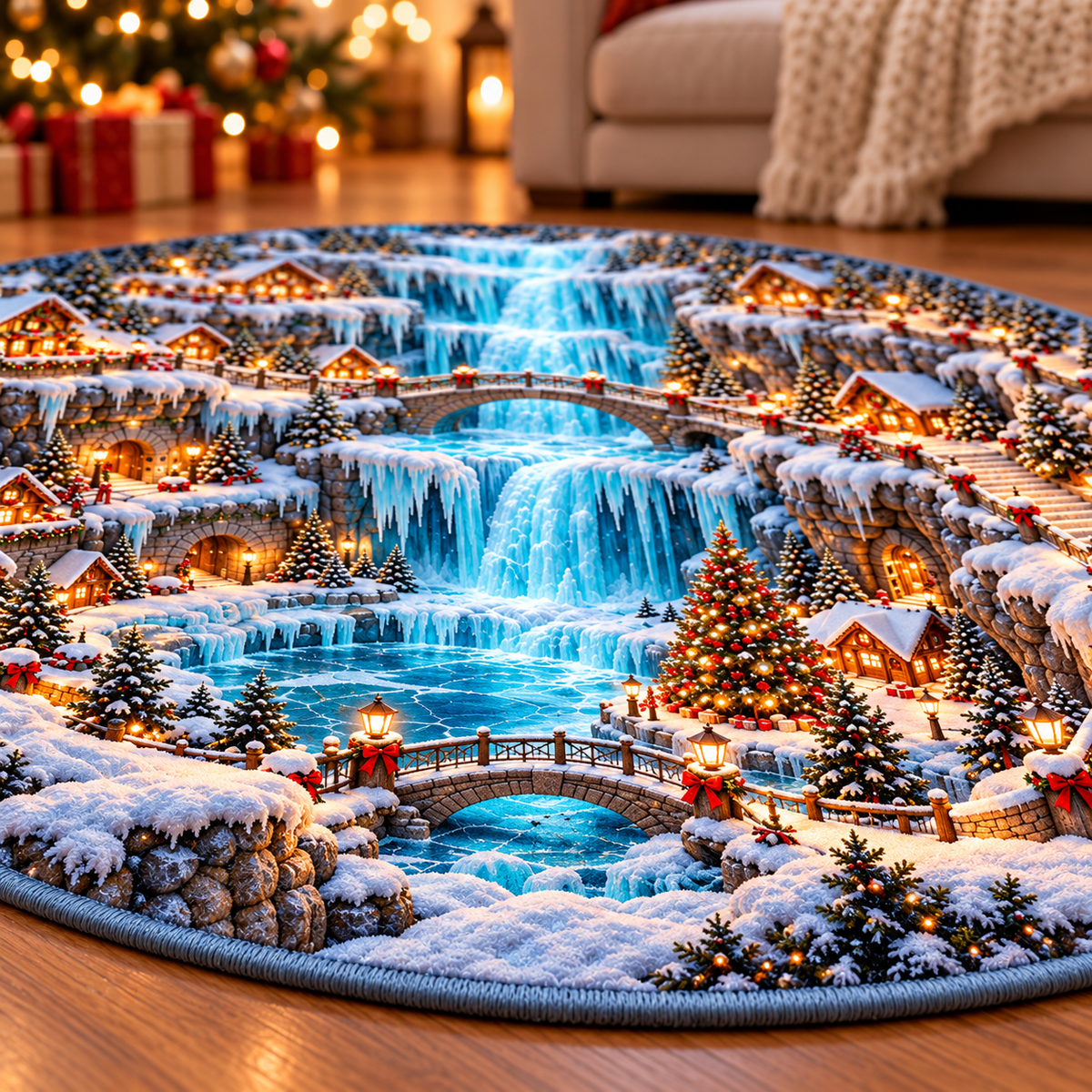 Frozen Waterfall Village 3D Illusion Round Rug, Snowy Christmas Floor Mat, Winter Wonderland Area Carpet, Holiday Living Room Decor c1cdaf8d-9a85-47f6-870d-9b97bab040bd-Frozen-Waterfall-Village-Rug-Close-Up-4.png