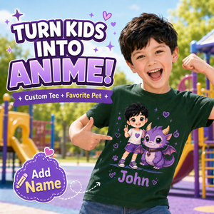 Custom Anime Kids T-Shirt with Pet, Personalized Photo Anime Shirt for Boys & Girls, Add Name, Cute Anime Character Gift for Kids