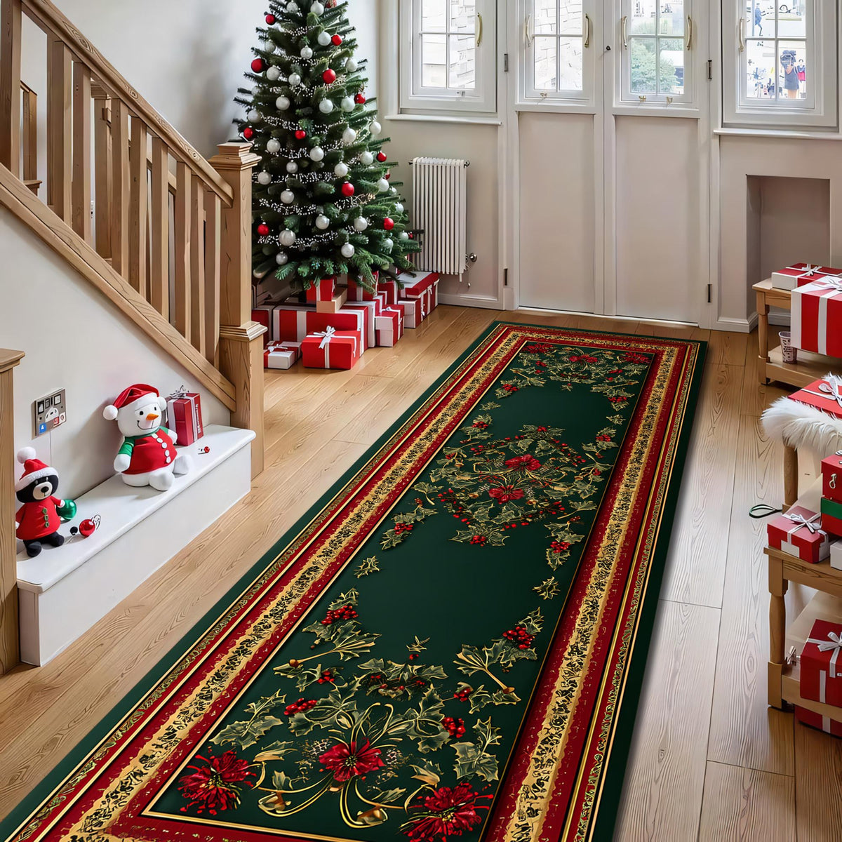 Luxury Christmas Poinsettia Runner Rug, Elegant Green and Red Holiday Carpet with Gold Floral Design for Hallway, Entryway,Living Room Décor c2233ee0-e5ea-46e1-bd82-5f60f4743dc2-4.jpg