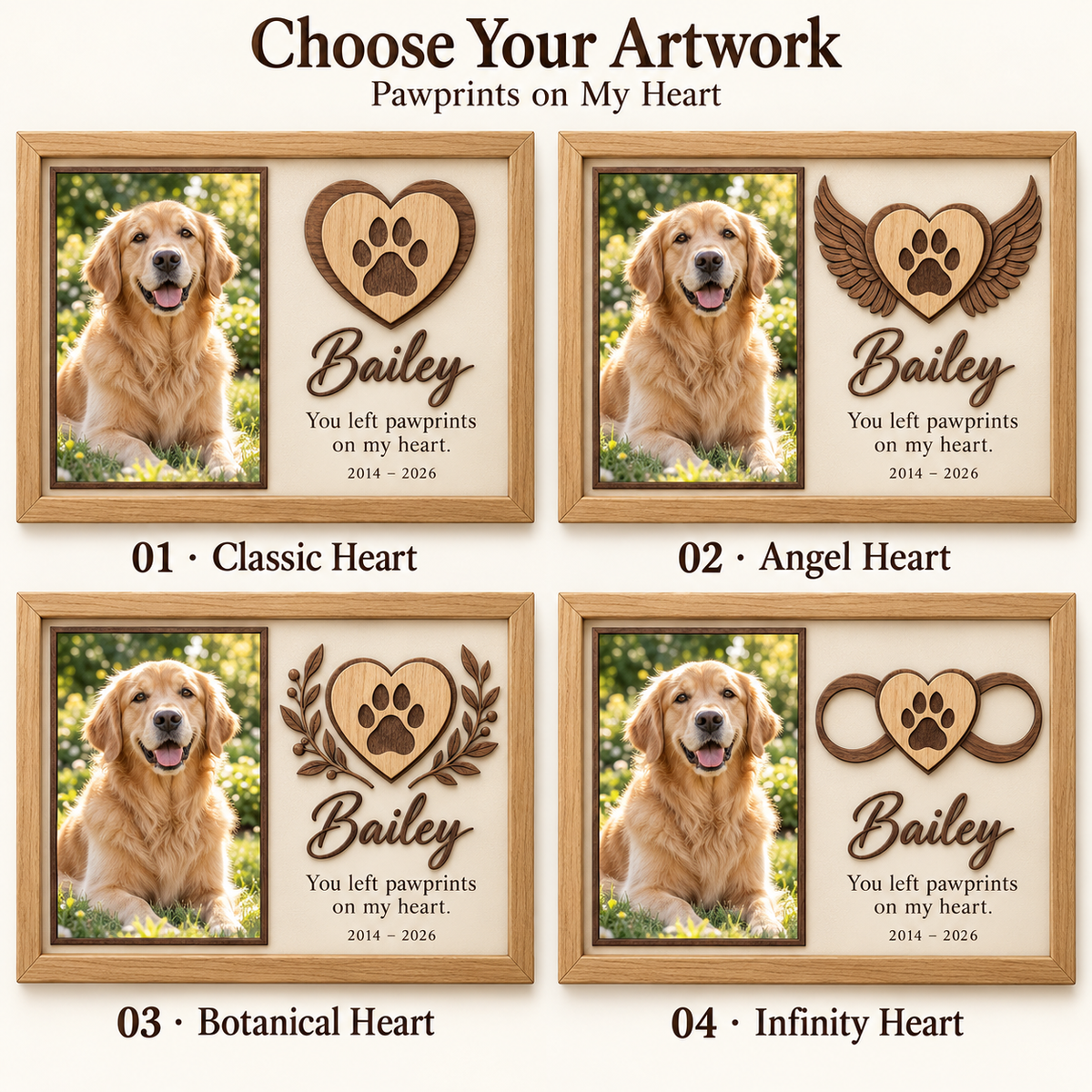 Personalized Dog Memorial Photo Frame, Custom Wooden Pet Picture Frame, Pawprints on My Heart Keepsake, Pet Loss Sympathy Gift c2306a99-7c52-4a4f-b414-7b3dc7dc6b9b-Four-Pawprints-on-My-Heart-Designs.png