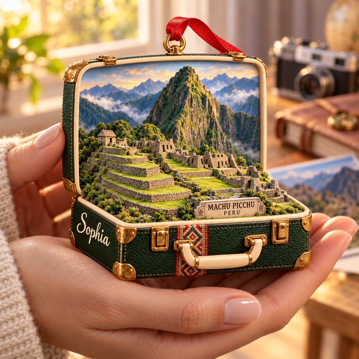 Personalized Machu Picchu Peru 3D Suitcase Christmas Ornament, Custom Name Travel Keepsake, Peru Vacation Souvenir Gift c2469698-5408-499d-b8f5-1a5bda8f4f6f-Machu-Picchu-Suitcase-Ornament-in-Warm-Hands-4.png