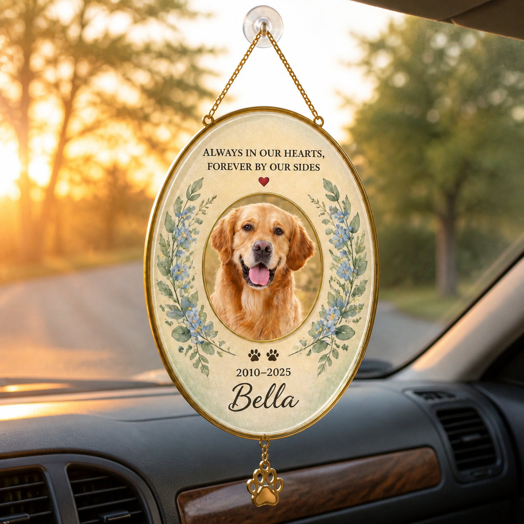 Pet Memorial Stone — Photo, Name & Dates (“Always in our hearts”) - Personalized 1 Layered Suncatcher with Charm c24fb57f-023f-4c51-b389-c96742e3001b.jpg