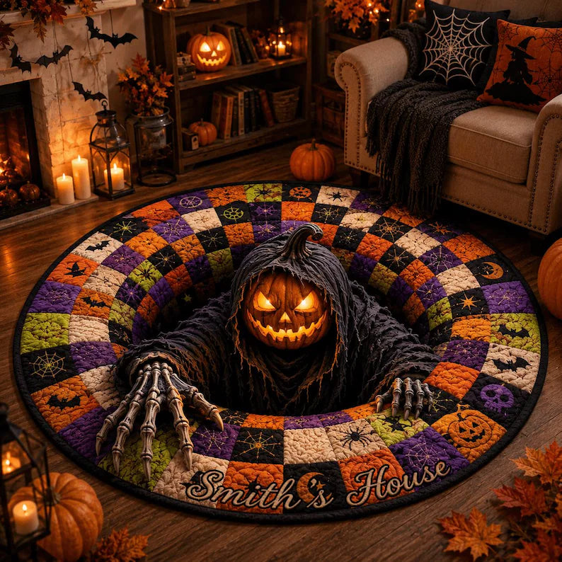 Personalized Quilted Round Halloween Rug, Custom Name Pumpkin Reaper Rug, Spooky Patchwork Decor, Gothic Horror Doormat, Halloween Gift c252cd44-3c48-4e5f-ab20-c448ace9362b-fghfghgf-2-.webp