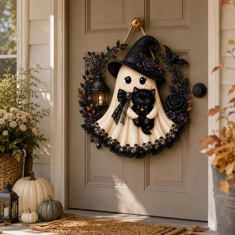 Halloween Ghost Door Hanger, Witch Ghost With Black Cat Wooden Door Sign, Spooky Fall Wall Decor With Jute Twine c277ba74-d6b6-4fc0-a6a1-304857c19f23-tyio9pfd-4-.webp