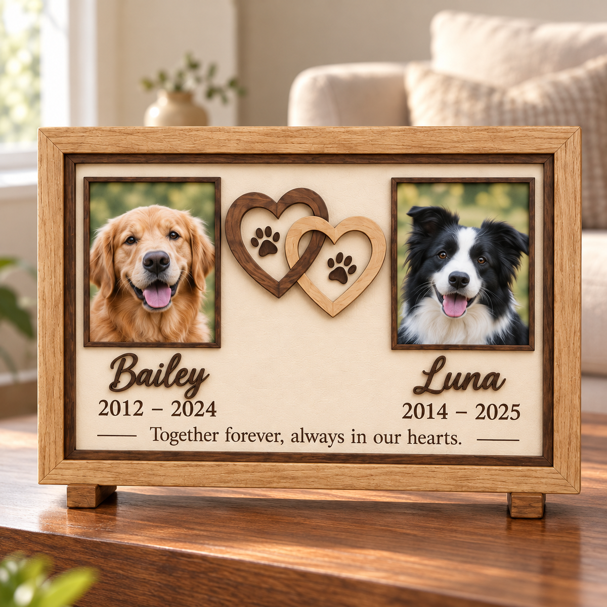 Personalized Memorial Photo Frame for Two Dogs, Custom Wooden Pet Picture Frame, Angel Wings Heart Keepsake, Pet Loss Sympathy Gift c27a26ea-3793-4ac3-8da5-e2f2950576c8-Interlocking-hearts-pet-memorial-frame-2.png