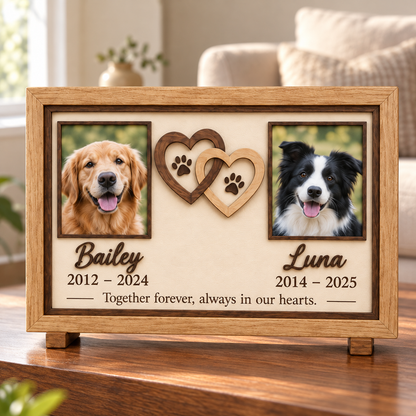 Personalized Memorial Photo Frame for Two Dogs, Custom Wooden Pet Picture Frame, Angel Wings Heart Keepsake, Pet Loss Sympathy Gift c27a26ea-3793-4ac3-8da5-e2f2950576c8-Interlocking-hearts-pet-memorial-frame-2.png
