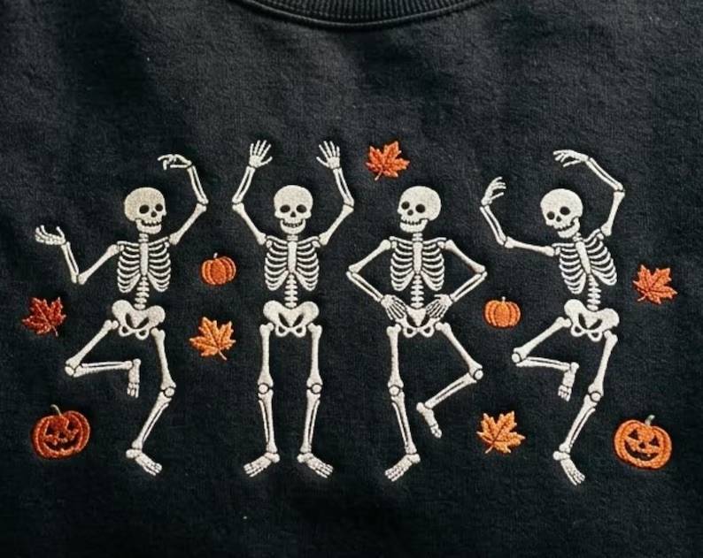 Embroidered Skeleton Sweatshirt: Halloween Dancing Skeletons, Autumn Leaves, Pumpkins c2a4b9e6-e934-4420-8ef8-6b98a4b51ab0-r5reki.jpg