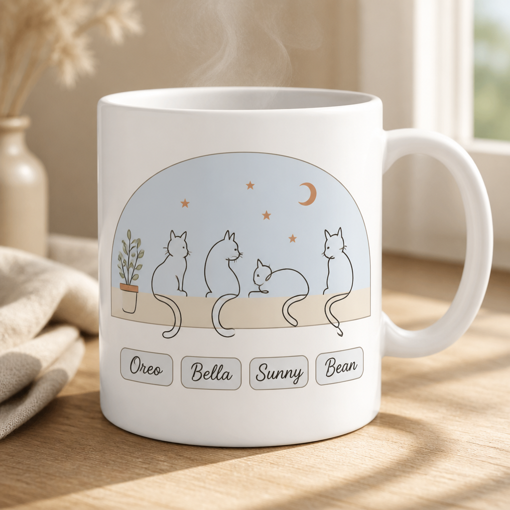 Personalized Cat Line Art Mug – 4 Names Window Sill Edition - Personalized Mug c2b71077-4d57-4b16-be17-082bd428414d.png