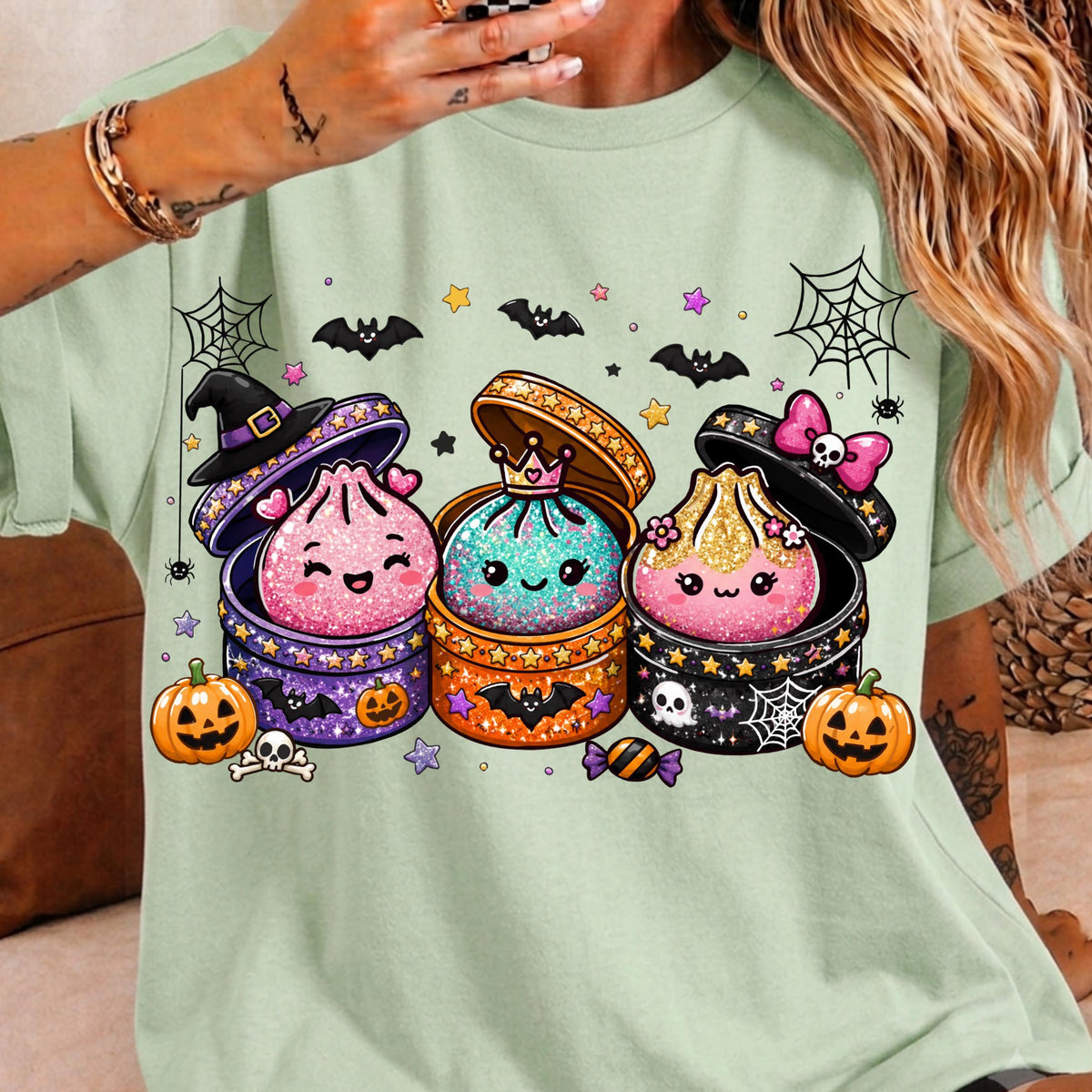 Cute Halloween Dumpling Girls T-Shirt – Glitter Witch Bao Buns, Bats & Pumpkins Spooky Season Tee for Girls c2d40852-3e65-4c68-b90e-03db3c122a66-2.jpg