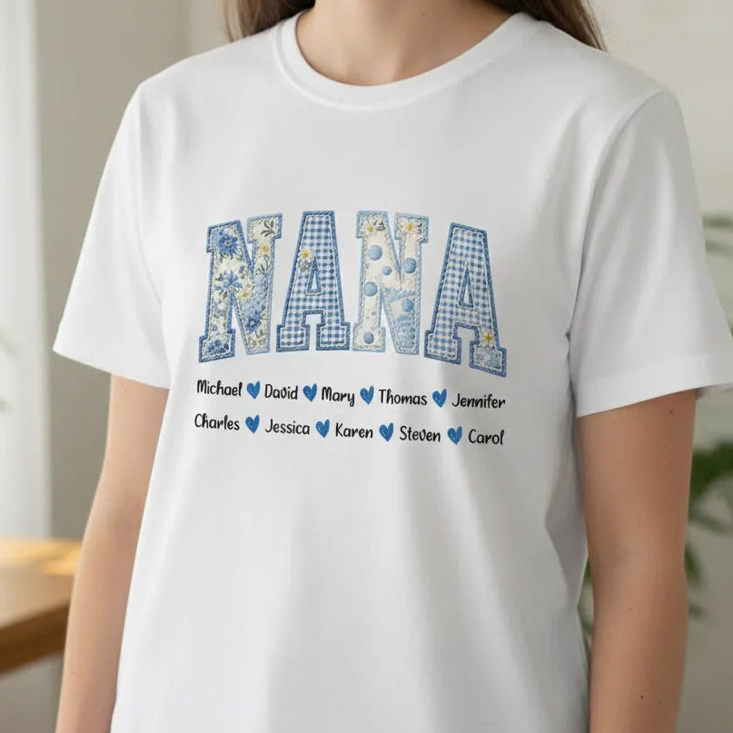 Mama Blue Toile Patchwork Floral - Personalized T-shirt
