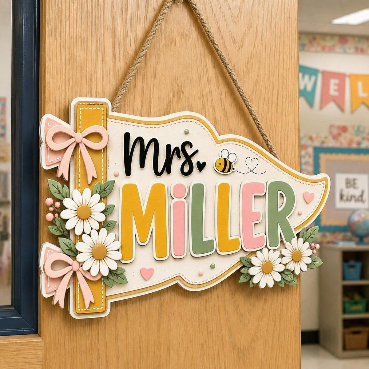 Personalized Teacher Pennant Sign with Daisies, Bow, Flag Name Sign, Custom 3D Wooden Teacher Door Sign, Classroom Decor, New Teacher Gift c2eb6ae5-aa66-40e8-9b97-8b859494a798-1.jpg
