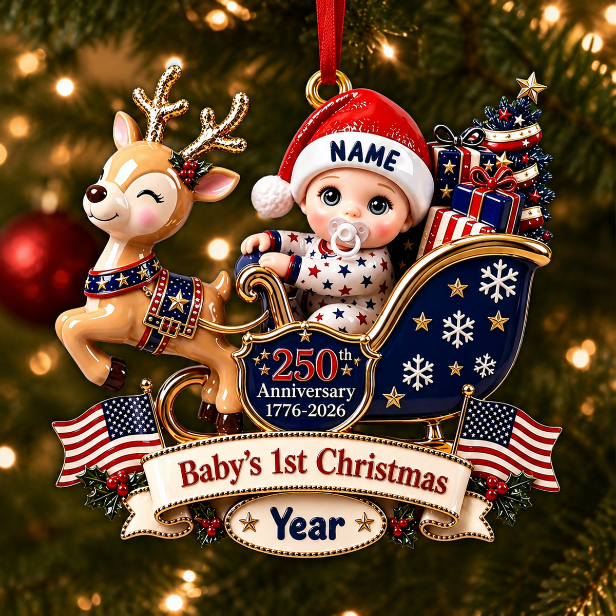 Baby's 1st Christmas In Sleigh America 250th Anniversary - Real 3D Raised Ornament