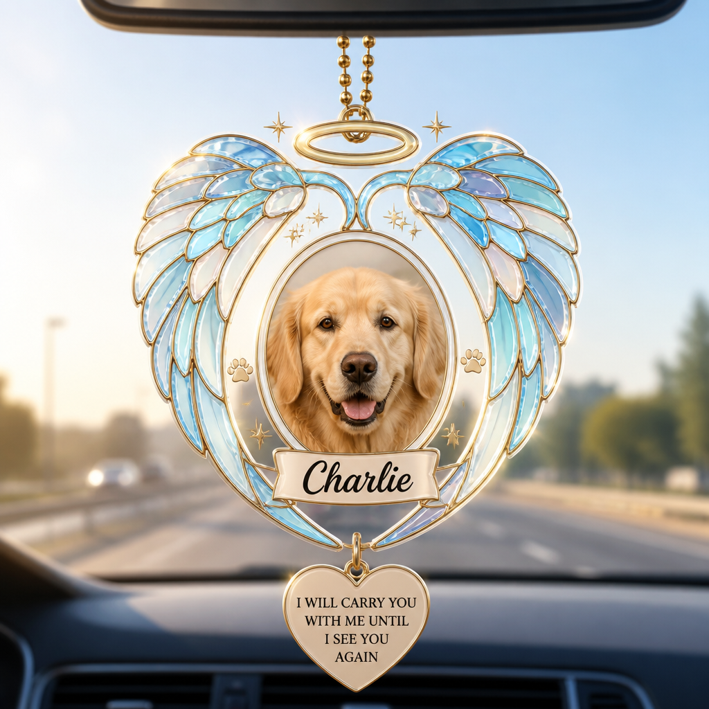 Pet Memorial Angel Wings Car Charm — Photo + Name - Personalized 1 Layered Suncatcher with Charm c3334556-abea-42b1-92b8-d673bf2cb147.png