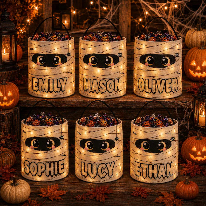 Personalized LED Halloween Trick Or Treat Bag, Custom Name Mummy Candy Bucket, Light Up Halloween Basket For Kids c34df667-8b64-4fac-b04d-4eb47694a0bf-dfg-1-.webp