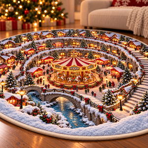 Christmas Carousel 3D Illusion Round Rug, Snowy Christmas Market Village Floor Mat, Winter Wonderland Area Carpet, Festive Holiday Home Decor c3592079-3961-4fca-a72b-55f864e8fdef-Christmas-Carousel-Optical-Illusion-Rug-4.png