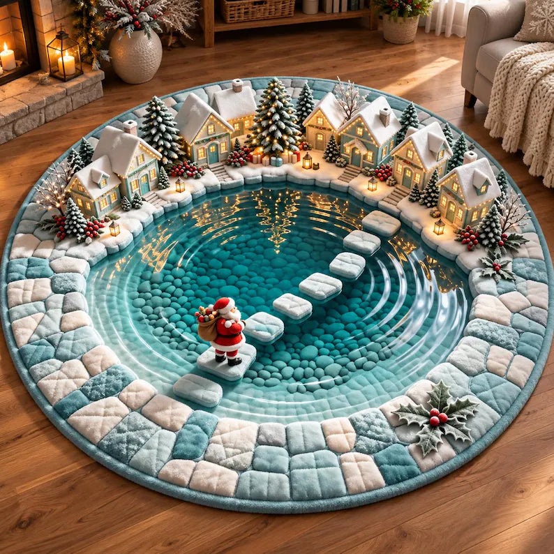 Santa Christmas Round Rug, 3D Winter Pond Rug, Snowy Christmas Village Carpet, Santa Stepping Stone Holiday Home Decor c3ae97e8-af14-4c6a-a997-42a6e382eac8-c.webp
