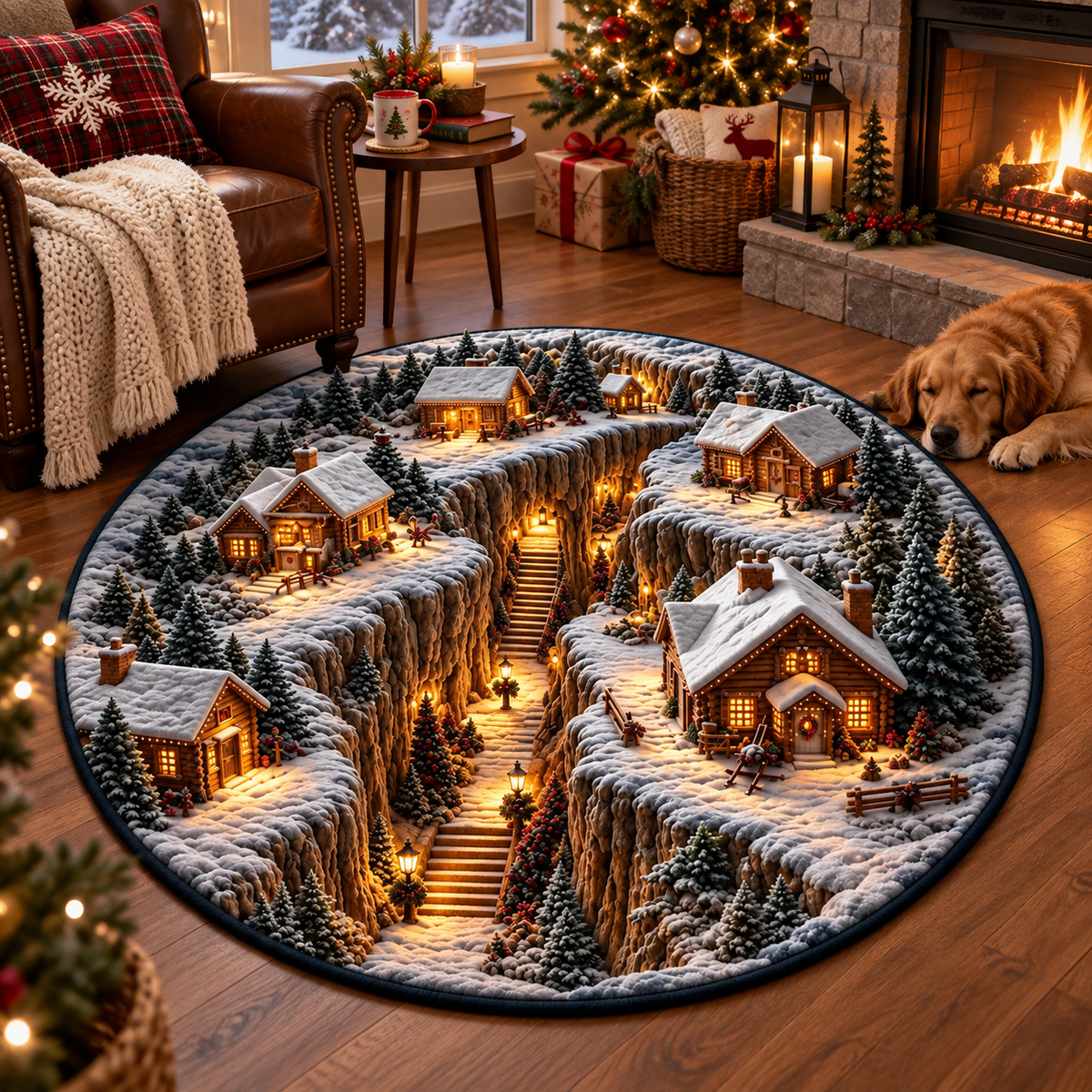 3D Christmas Village Round Rug, Snowy Cabin Winter Rug, Mountain Lodge Optical Illusion Carpet, Rustic Christmas Home Decor c3b6487e-6b28-42f0-adc4-e50b6506ae7d-eab27b20-7bc9-440b-a2b0-ea7d12a3c92f.png