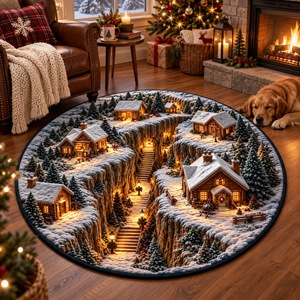 3D Christmas Village Round Rug, Snowy Cabin Winter Rug, Mountain Lodge Optical Illusion Carpet, Rustic Christmas Home Decor c3b6487e-6b28-42f0-adc4-e50b6506ae7d-eab27b20-7bc9-440b-a2b0-ea7d12a3c92f.png
