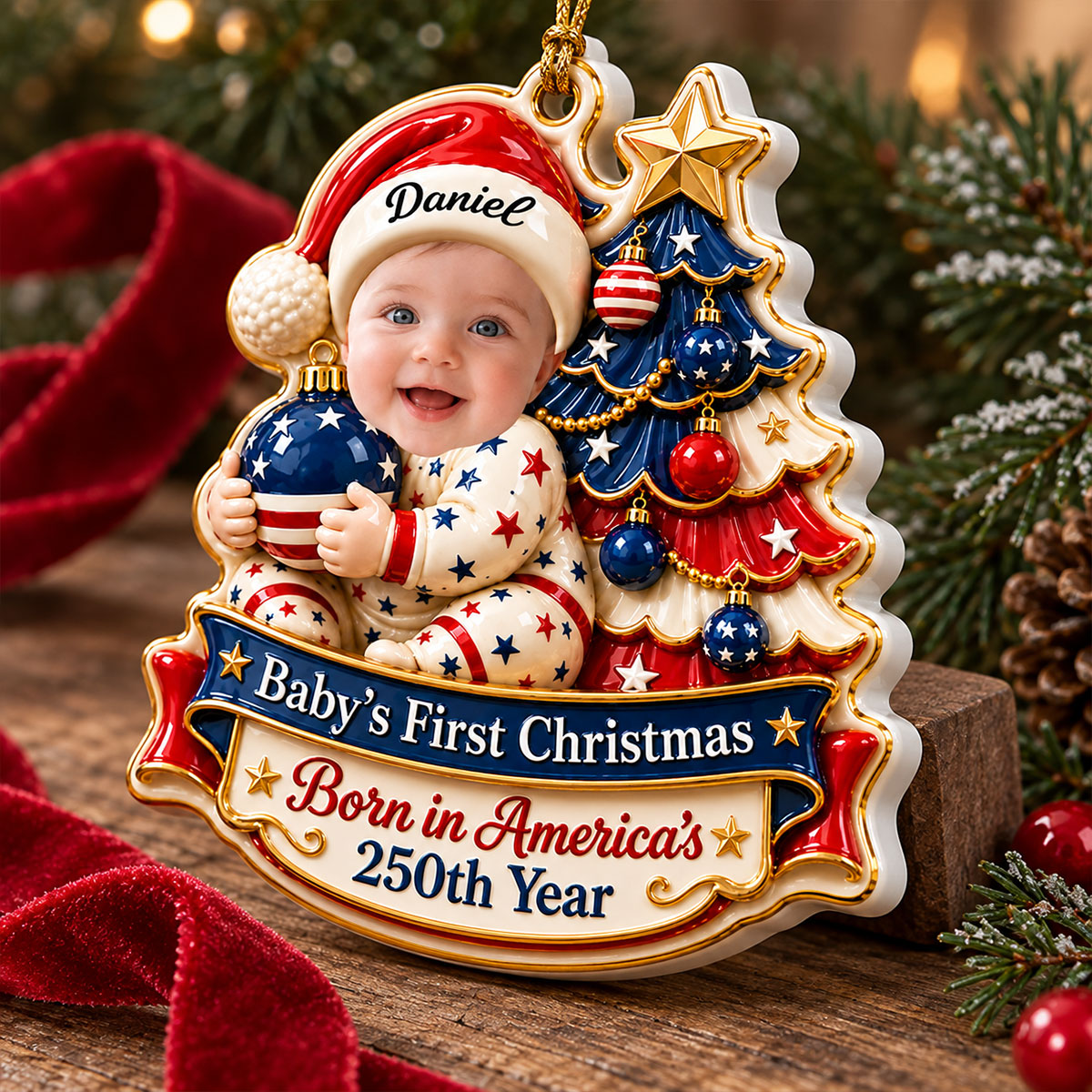 Personalized Baby's 1st Christmas Ornament, Patriotic Parent Gift, Newborn Photo Keepsake c3ca36c3-08eb-4d74-b0ac-ba442dd63ceb-3.jpg