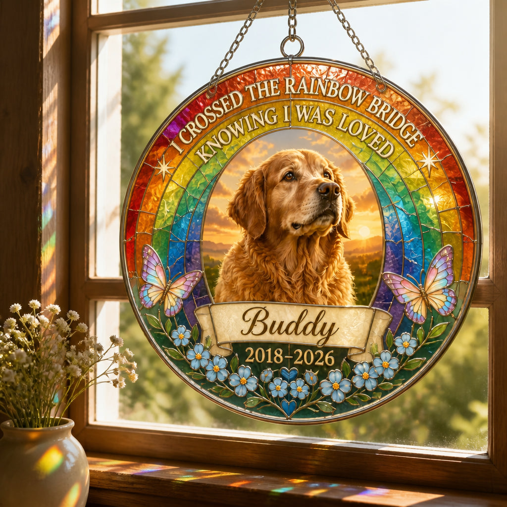 Rainbow Bridge Pet Memorial Stained-Glass Suncatcher — Photo, Name & Years - Personalized Suncatcher Stained Glass c3e88015-7981-4040-aee0-e8e6a8e3f98c.jpg