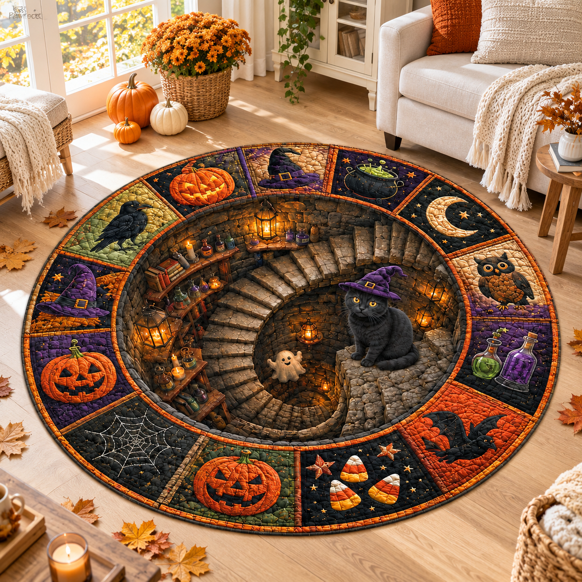3D Quilted Halloween Round Rug, Optical Illusion Vortex Carpet, Black Cat Witch Floor Mat, Pumpkin Raven Magic Doormat, Fall Home Decor c41a9386-05eb-4e9e-b484-f8484f1580af-banner-2.png