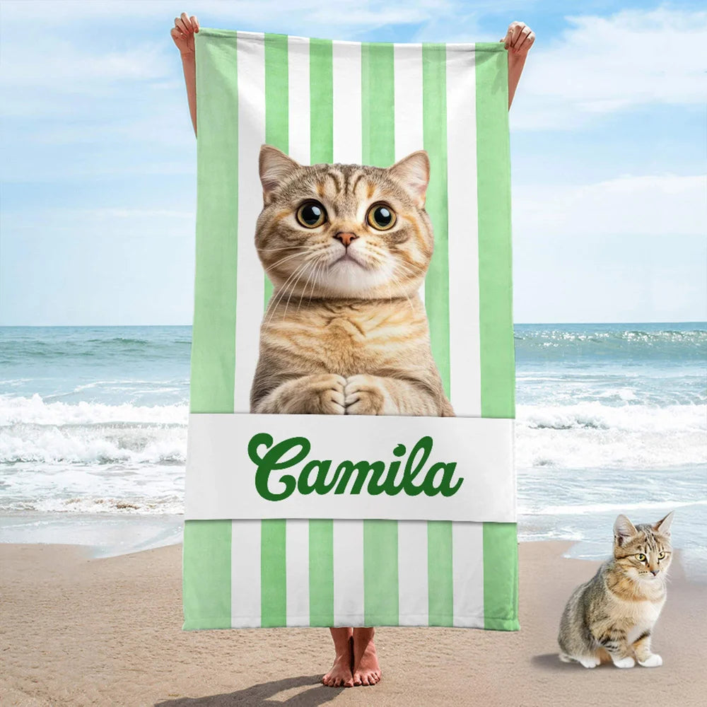 Personalised Pet Photo Stripe Soft Quick Dry Oversized Beach Towel with Name Summer Travel Vacation Essential Birthday Gift for Pet Lovers