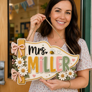 Personalized Teacher Pennant Sign with Daisies, Bow, Flag Name Sign, Custom 3D Wooden Teacher Door Sign, Classroom Decor, New Teacher Gift c453e3f6-f168-4cdd-849a-4a8e97c3c96f-2.jpg