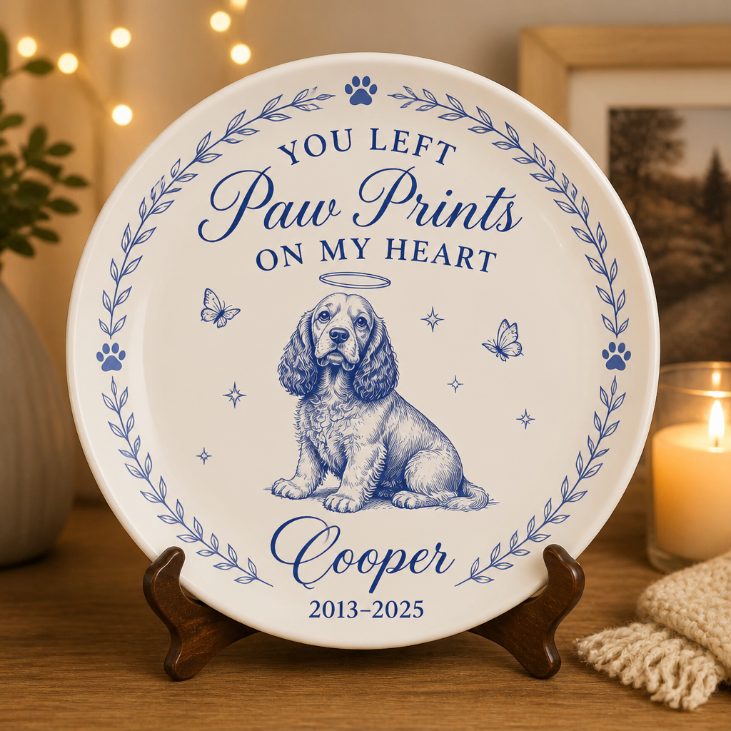 You Left Paw Prints On My Heart - Personalized Pet Memorial Ceramic Plate - Personalized Personalized Ceramic Plate c454d0b1-f270-4b36-bf54-2ccc779b3116.png