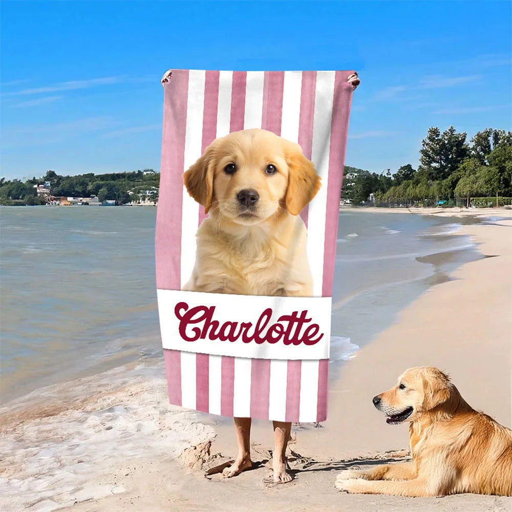 Personalised Pet Photo Stripe Soft Quick Dry Oversized Beach Towel with Name Summer Travel Vacation Essential Birthday Gift for Pet Lovers