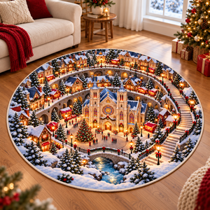Christmas Cathedral Village 3D Illusion Round Rug, Snowy Church Square Floor Mat, Winter Wonderland Area Carpet, Festive Holiday Home Decor c481b39b-8086-403e-9bed-01c37ec28554-Gothic-Christmas-Village-Illusion-Rug-1.png