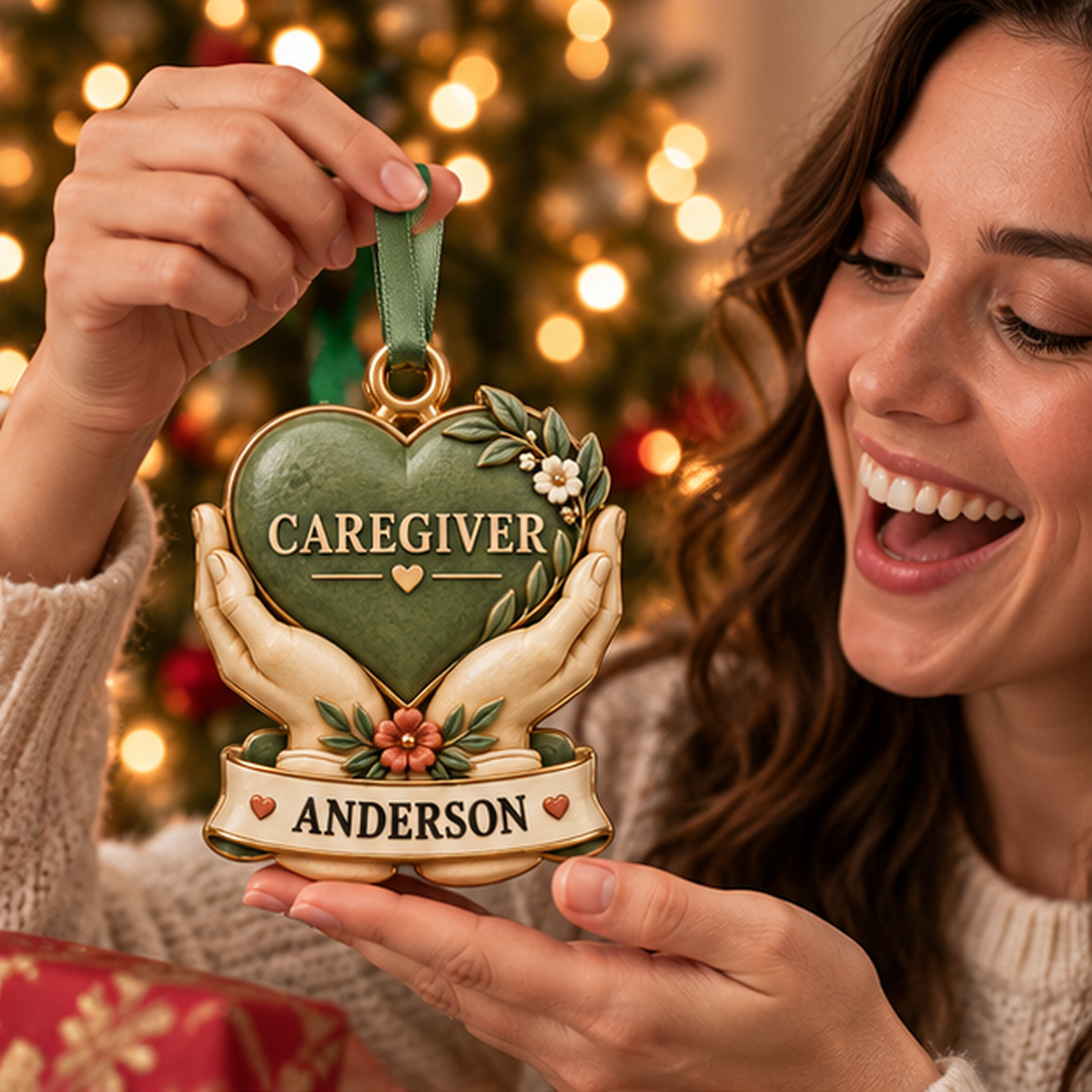 Personalized Caregiver Christmas Gift - Custom Name Caring Hands Heart 3D Ornament c497b14e-db5d-42ea-a5ea-38a62b09976e-caregiver_ornament_mockup_2_happy_recipient.png
