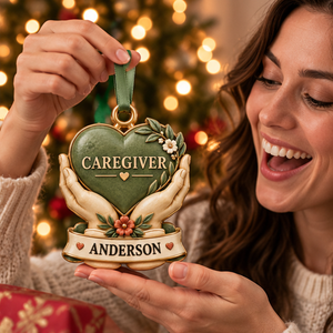 Personalized Caregiver Christmas Gift - Custom Name Caring Hands Heart 3D Ornament c497b14e-db5d-42ea-a5ea-38a62b09976e-caregiver_ornament_mockup_2_happy_recipient.png