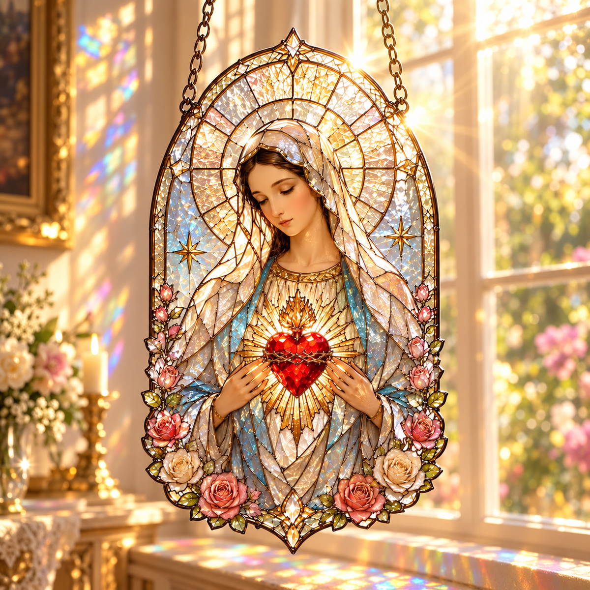 Sacred Heart Mary window hanging, floral religious suncatcher with lilies, roses and golden halo c49d5dad-314b-4b8f-b520-bc8733868e82-c0c26b6a-60ac-4a96-b1dc-42b9bc08ea89.png