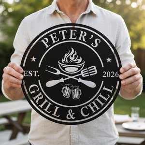 Personalized Grill & Chill Sign, BBQ Metal Decor, Custom Name Barbecue Art, Outdoor Patio/Man Cave Decor, Unique Handmade Father's Day Gift