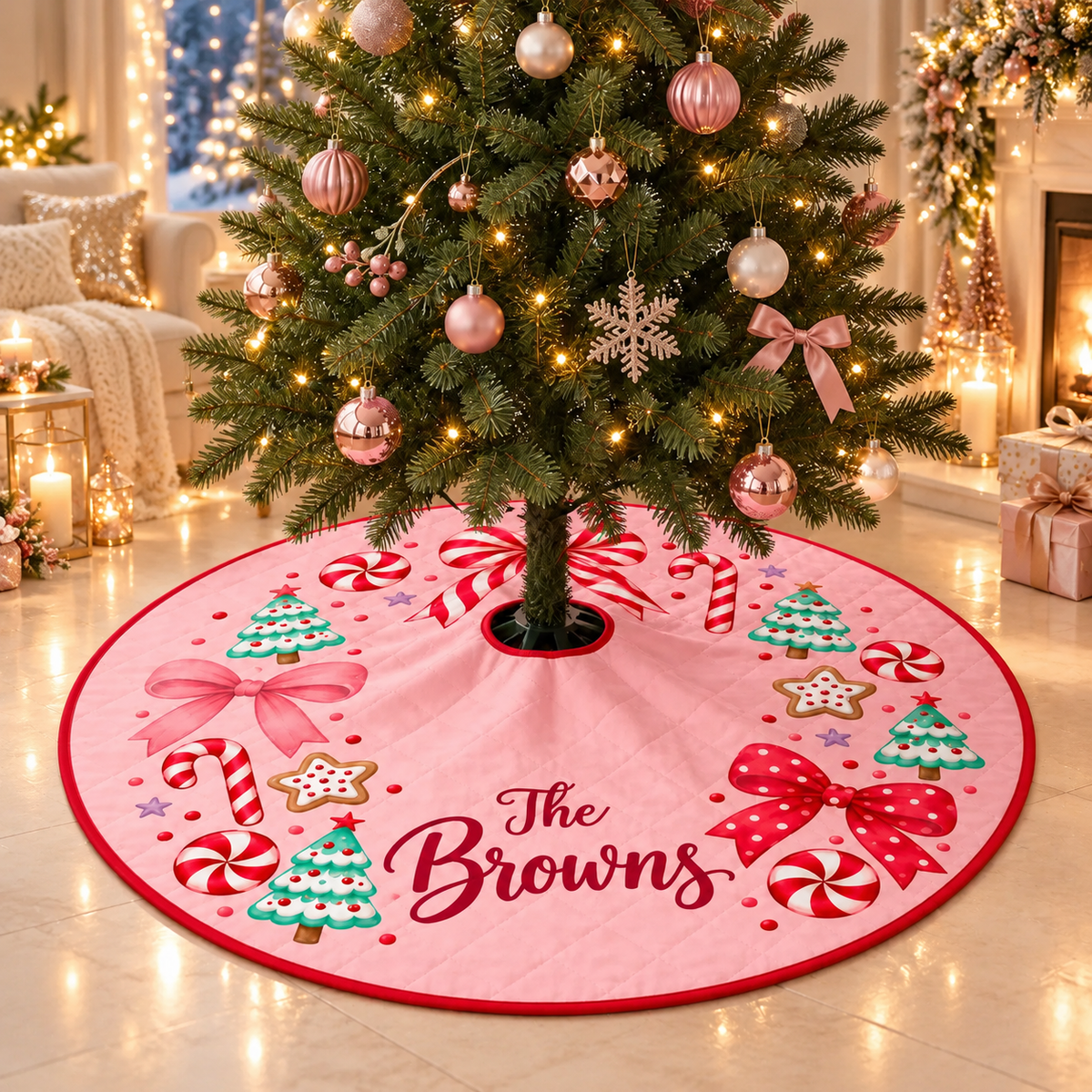 Custom Christmas Pinky Tree Skirt With Your Family Name, Gift For Family c4c94b03-754d-4bc8-8db4-f65d4fa15396-Sparkling-pink-Christmas-tree-skirt.png
